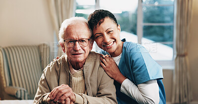 Buy stock photo Hug, portrait and nurse with senior man for support, bonding and care for assisted living in home. Retirement, happy and caregiver embrace elderly person for connection, wellness and trust in bedroom