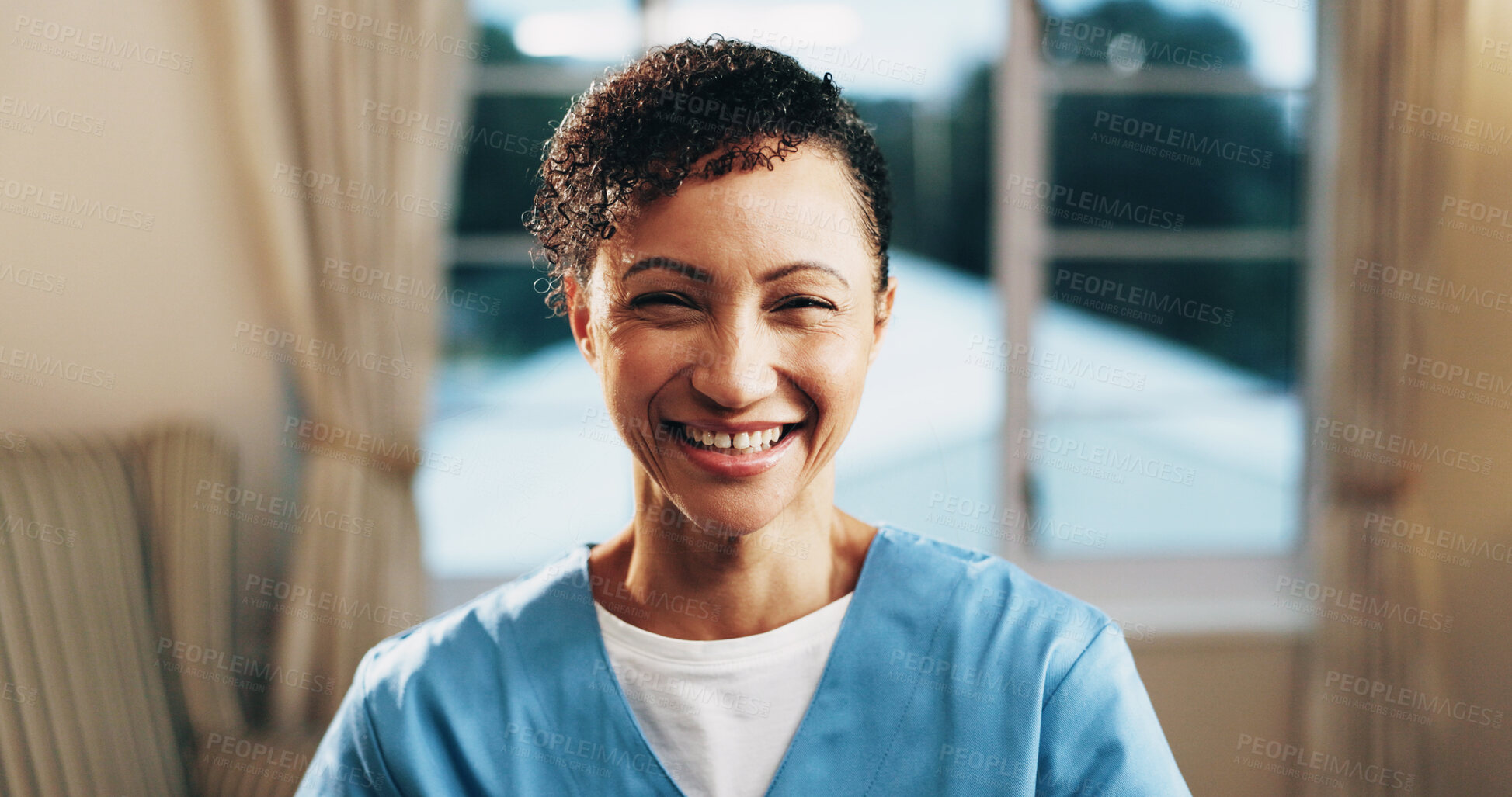 Buy stock photo Career, caregiver and happy portrait in house for medical service, homecare trust and about us. Nurse, mature woman and smile in lounge for assisted living, carer experience or integrity in home care