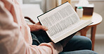 Senior, man or hands with bible on bed for faith, religion or christianity with holy book in home. Elderly, male person or reading with Jesus or scripture for spiritual wellness or knowledge in house