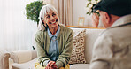 Smile, consultation and old woman with therapist, psychology assessment or rehabilitation results. Senior patient, happy and help with counseling for mental healing, solution or recovery at office