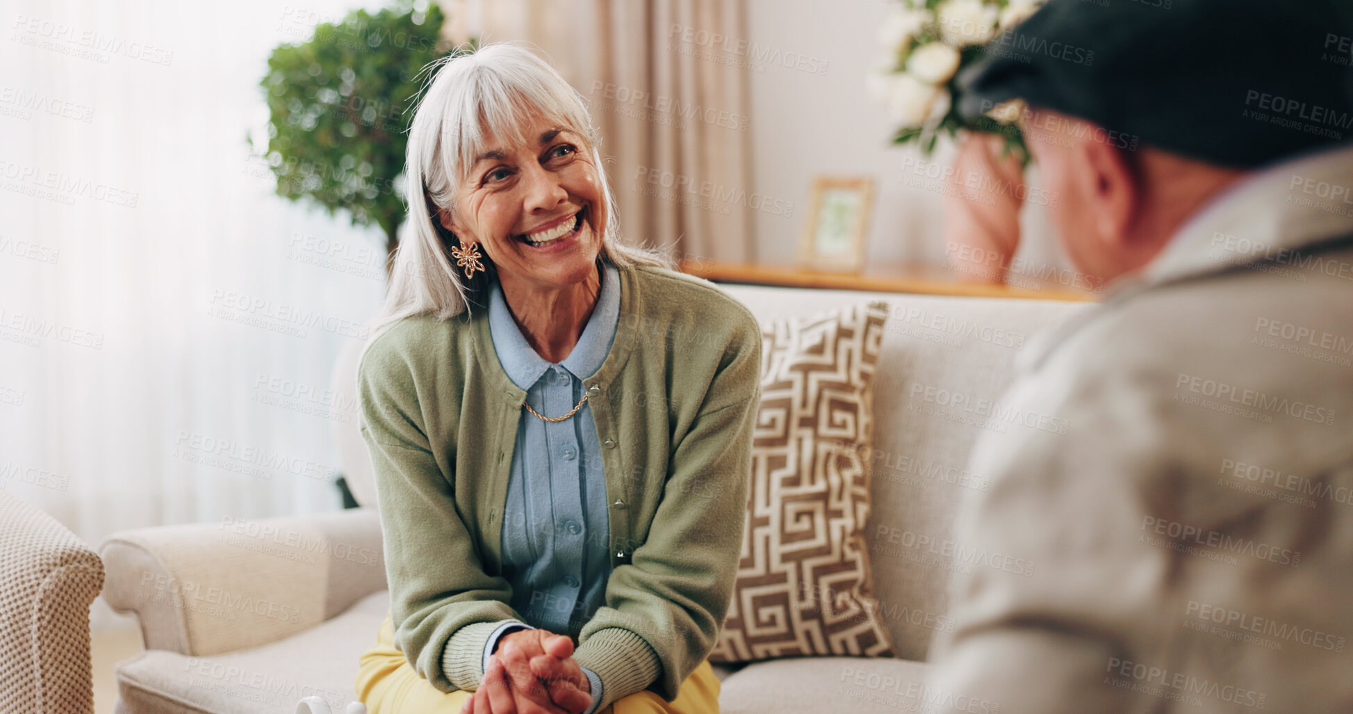 Buy stock photo Smile, consultation and old woman with therapist, psychology assessment or rehabilitation results. Senior patient, happy and help with counseling for mental healing, solution or recovery at office