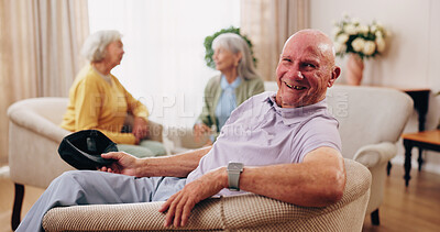Buy stock photo Friends, portrait and senior man in nursing home for visit, relax and hangout for bonding on weekend. Happy, retirement and elderly people on sofa for conversation, gathering and connection together