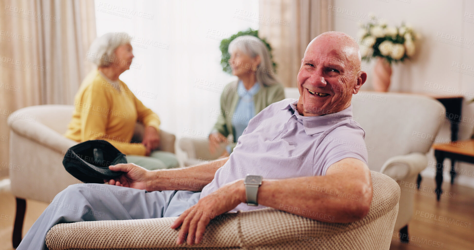 Buy stock photo Friends, portrait and senior man in nursing home for visit, relax and hangout for bonding on weekend. Happy, retirement and elderly people on sofa for conversation, gathering and connection together