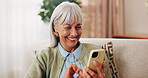 Laugh, sofa and senior woman with phone, social media and connection for funny chat on weekend. Retirement, happy and elderly person on mobile app for communication, contact and online meme in home