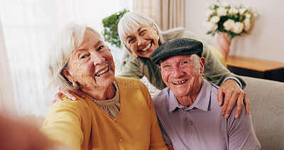 Buy stock photo Portrait, selfie and smile of old people in retirement home together for bonding or memories. Community, happy and photograph with group of senior friends in apartment for social media or visit