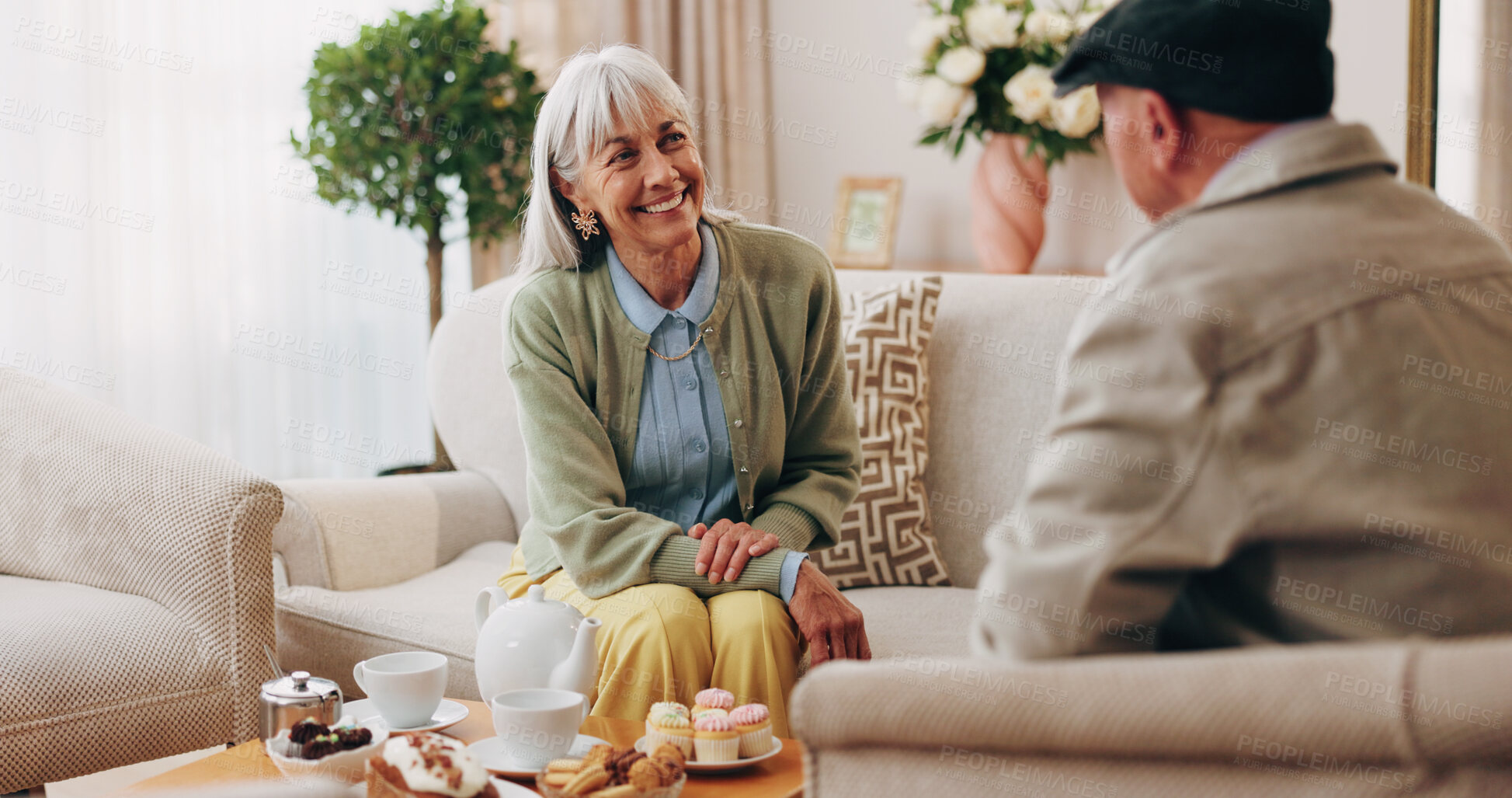 Buy stock photo Listen, care and old couple with happy woman in home for story, gossip or conversation on weekend. Retirement, people and talk to partner in living room for connection, bonding together and breakfast
