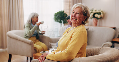 Buy stock photo Sofa, portrait and senior woman with friends for visit, reunion and hangout for bonding on weekend. Happy, retirement and elderly people relax for conversation, connection and care in nursing home