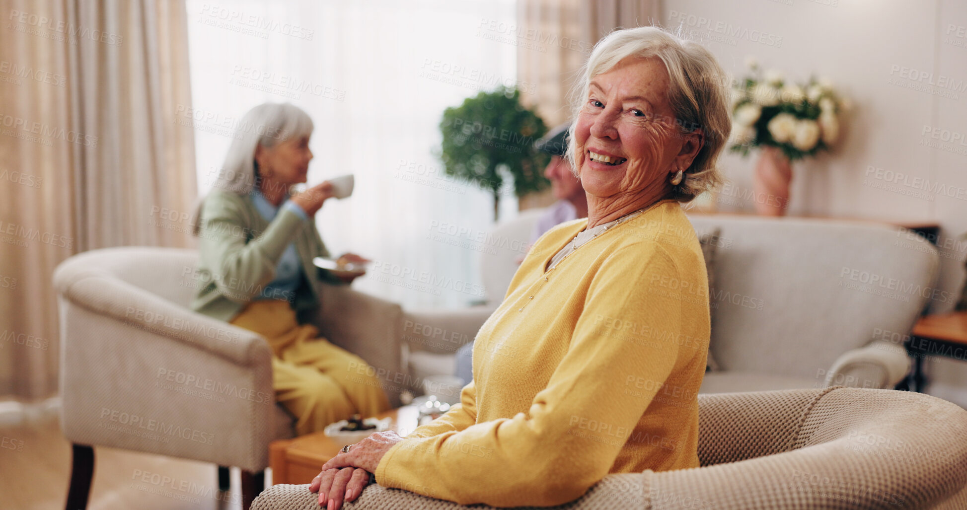Buy stock photo Sofa, portrait and senior woman with friends for visit, reunion and hangout for bonding on weekend. Happy, retirement and elderly people relax for conversation, connection and care in nursing home