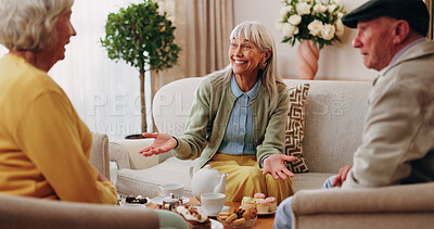 Buy stock photo Friends, tea party and smile with old people in home for bonding, retirement and together. Drinks, relax and social reunion with senior group in living room for breakfast, gossip and chat in house