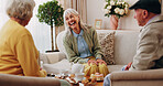 Friends, tea party and laugh with old people in home for bonding, retirement and together. Drinks, relax and social reunion with senior group in living room for breakfast, gossip or joke in house