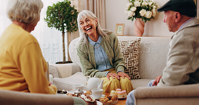 Buy stock photo Friends, tea party and laugh with old people in home for bonding, retirement and together. Drinks, relax and social reunion with senior group in living room for breakfast, gossip or joke in house