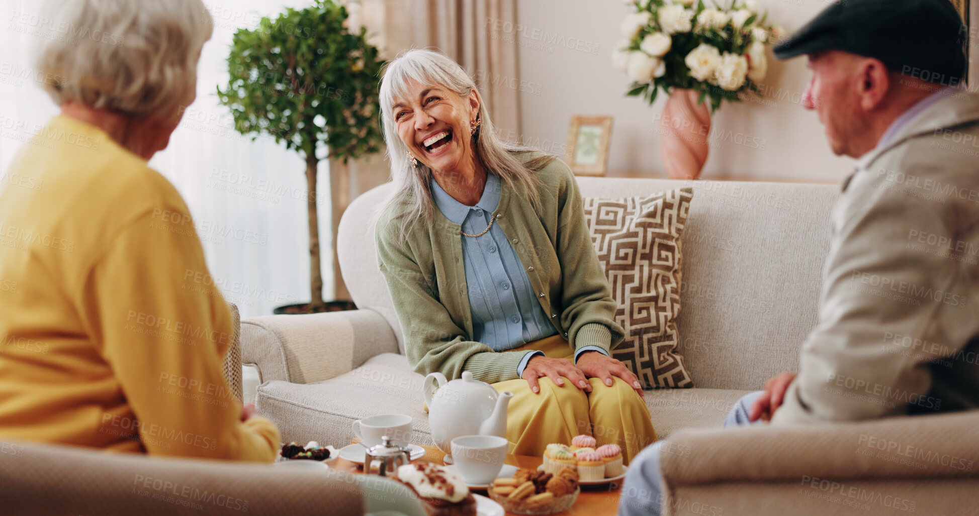 Buy stock photo Friends, tea party and laugh with old people in home for bonding, retirement and together. Drinks, relax and social reunion with senior group in living room for breakfast, gossip or joke in house