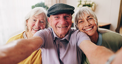 Buy stock photo Portrait, selfie and smile of elderly people in retirement home together for bonding or memories. Community, happy and photograph with group of senior friends in apartment for social media or visit