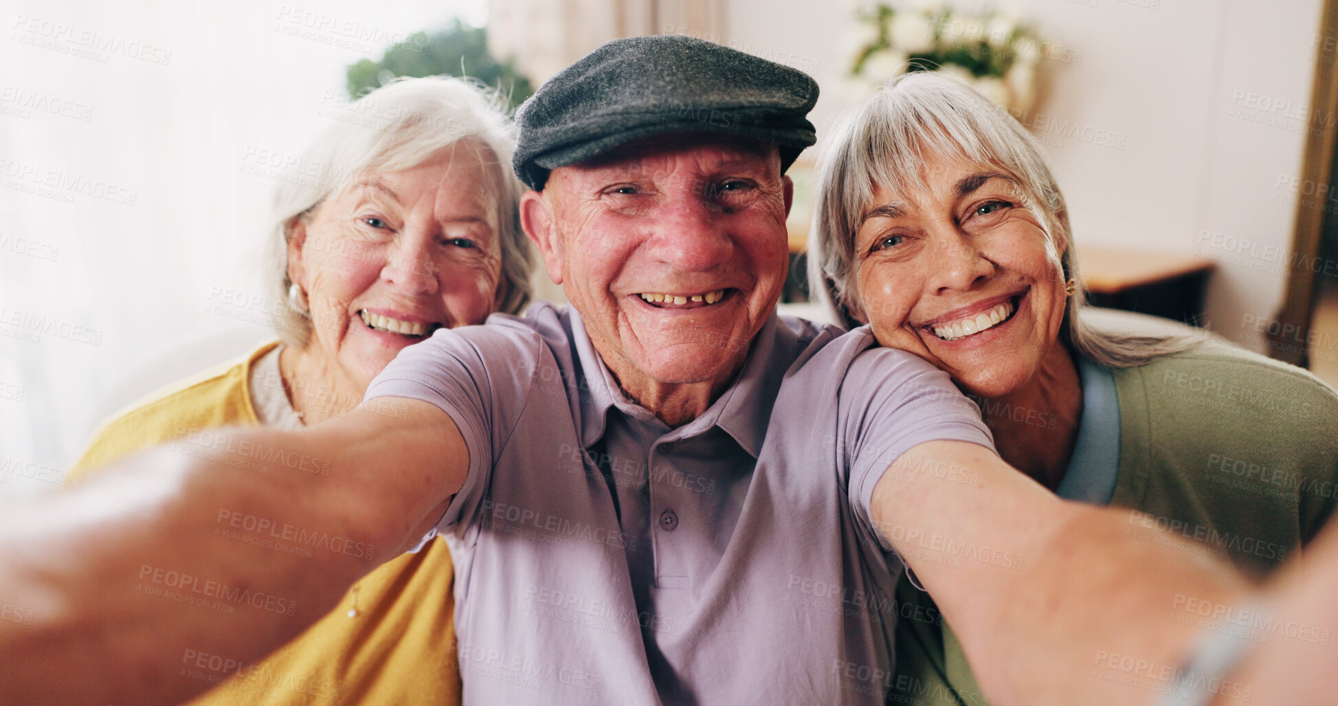 Buy stock photo Portrait, selfie and smile of elderly people in retirement home together for bonding or memories. Community, happy and photograph with group of senior friends in apartment for social media or visit
