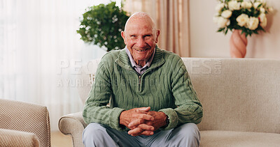 Buy stock photo Portrait, relax and smile of old man on sofa in living room of home for retirement or wellness. Break, comfortable and me time with happy senior in apartment for optimism, peace or satisfaction