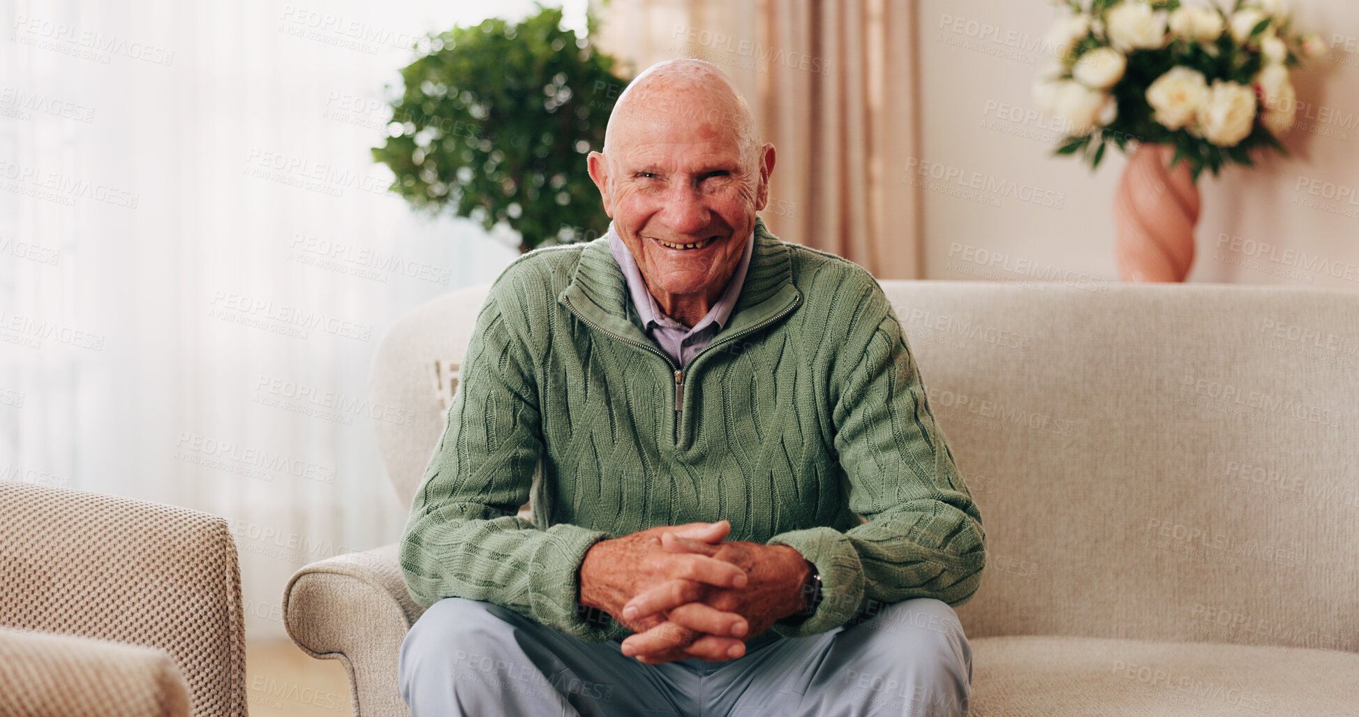 Buy stock photo Portrait, relax and smile of old man on sofa in living room of home for retirement or wellness. Break, comfortable and me time with happy senior in apartment for optimism, peace or satisfaction