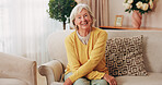 Portrait, relax and smile of old woman on sofa in living room of home for retirement or wellness. Break, comfortable and me time with senior person in apartment for optimism, peace or satisfaction