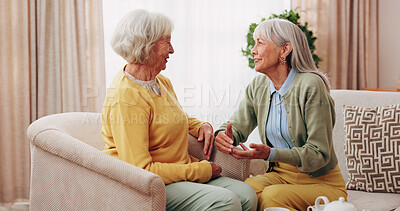Buy stock photo Friends, conversation and support with old women in home for bonding, good news or retirement. Happiness, love and social reunion with senior people in living room for chat, smile and care in house