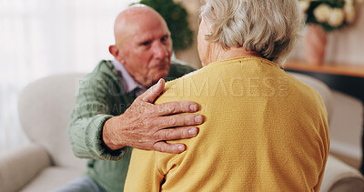 Buy stock photo Consoling, hand and shoulder with old people in home living room for bonding, support or wellness. Comfort, empathy and love with senior friends in apartment together for grief, loss or pain