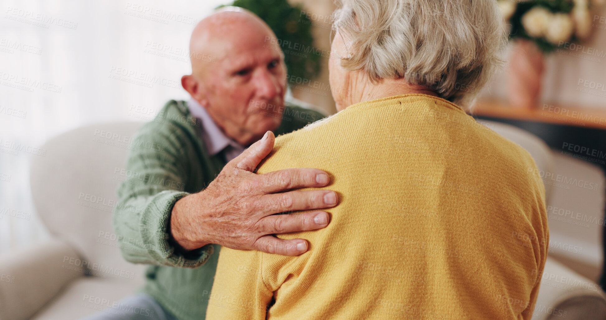Buy stock photo Consoling, hand and shoulder with old people in home living room for bonding, support or wellness. Comfort, empathy and love with senior friends in apartment together for grief, loss or pain