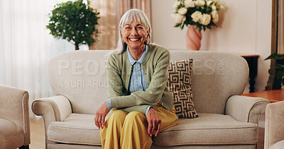 Buy stock photo Break, portrait and smile of old woman on sofa in living room of home for retirement or wellness. Comfortable, me time and relax with happy senior in apartment for optimism, peace or satisfaction