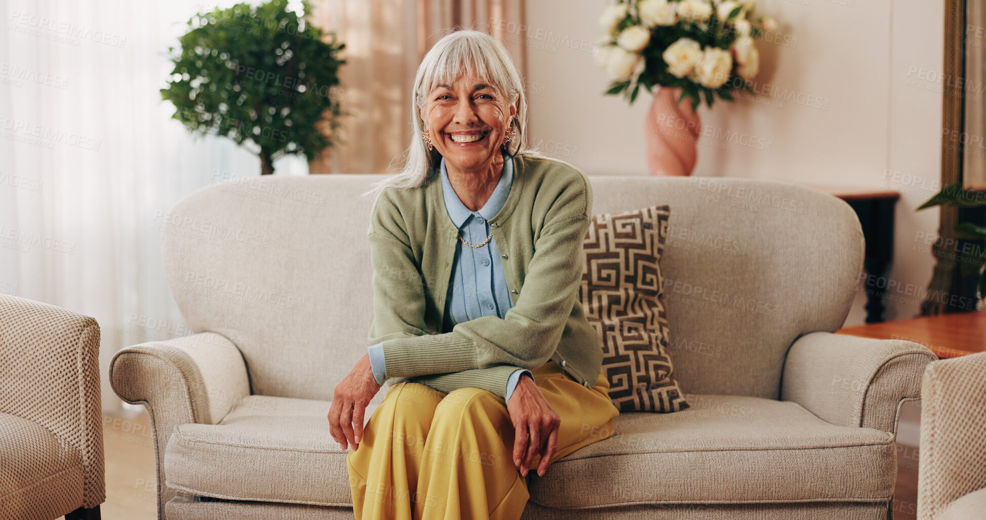 Buy stock photo Break, portrait and smile of old woman on sofa in living room of home for retirement or wellness. Comfortable, me time and relax with happy senior in apartment for optimism, peace or satisfaction