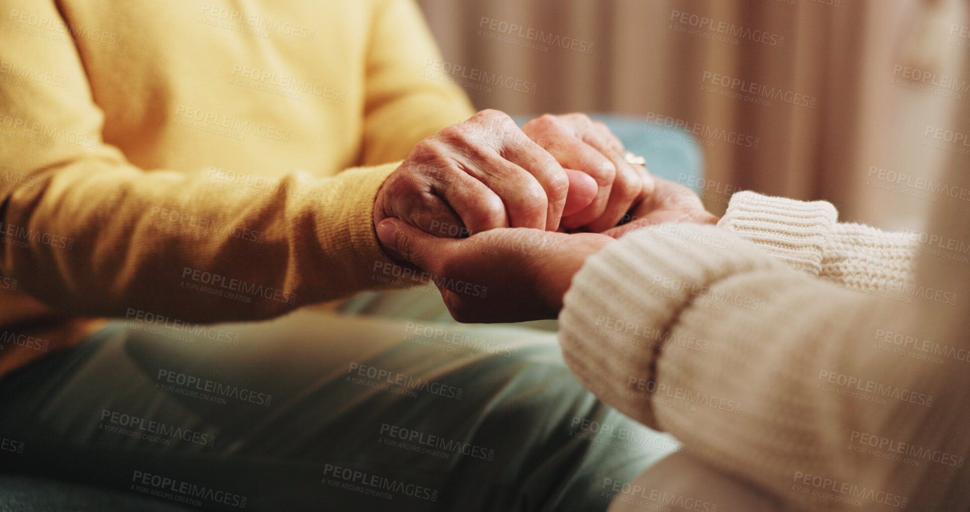 Buy stock photo Therapy, people and holding hands for empathy, support or care for mental health in counseling session. Help, comfort and trust with kindness for psychology, compassion or consoling patient in office
