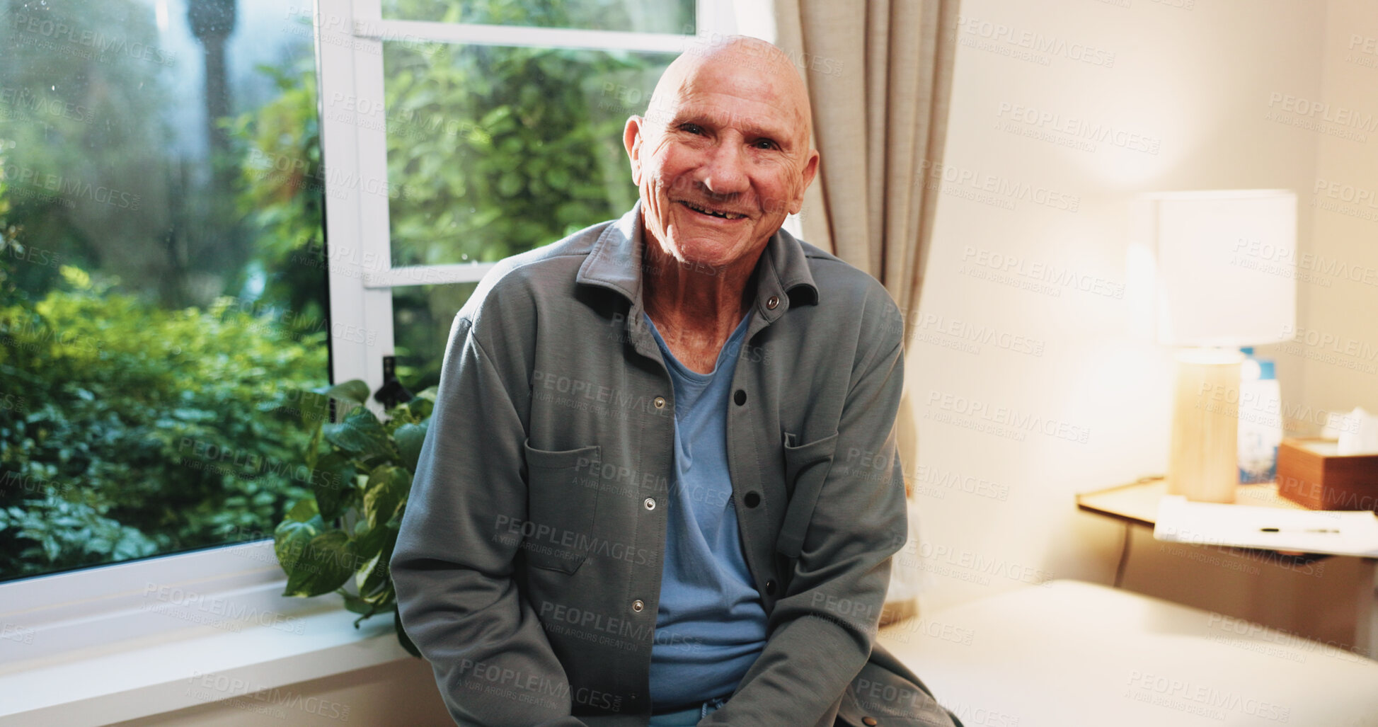 Buy stock photo Happy, portrait and senior man in home, pride and rest with positive attitude on break or retirement. Pensioner, relax and elderly person with smile on weekend, chilling and comfortable in house