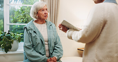 Buy stock photo Healthcare, rehabilitation and tablet with senior woman in physio clinic for checkup or feedback. App, conversation and old person in medical office with chiropractor for consulting or diagnosis