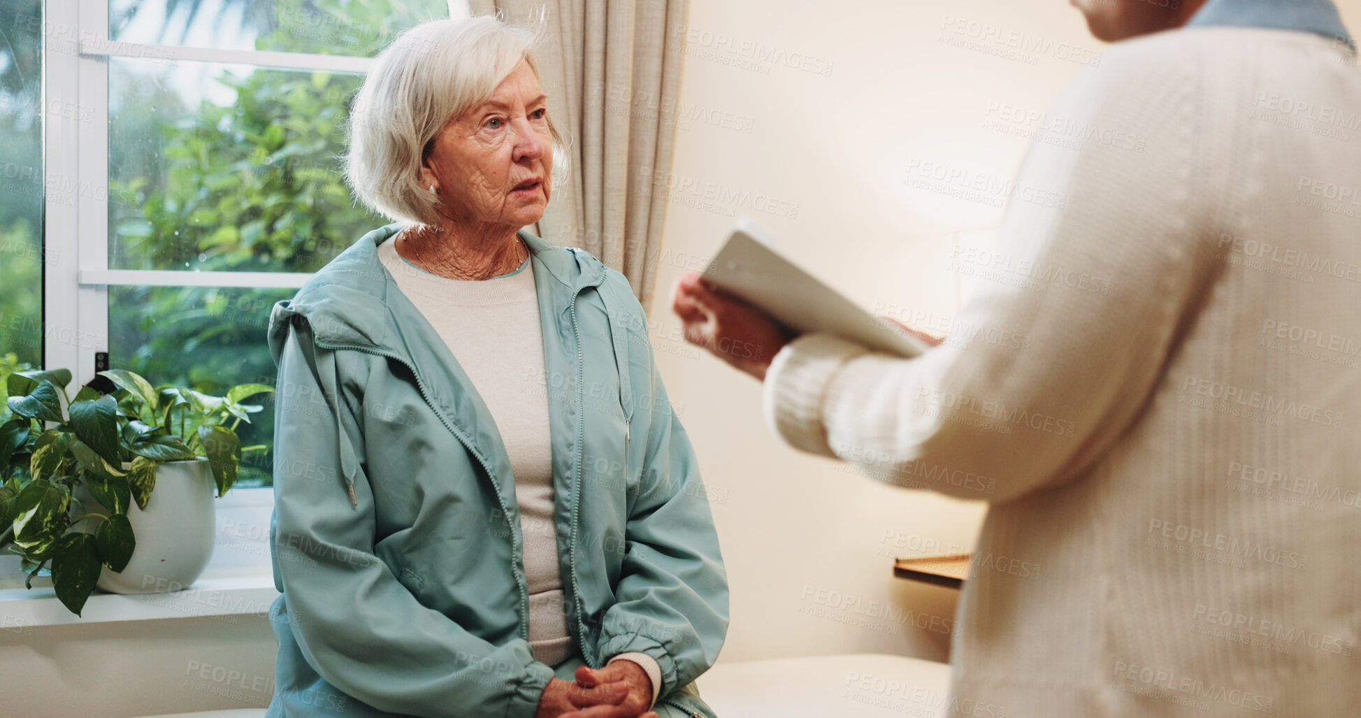 Buy stock photo Healthcare, rehabilitation and tablet with senior woman in physio clinic for checkup or feedback. App, conversation and old person in medical office with chiropractor for consulting or diagnosis