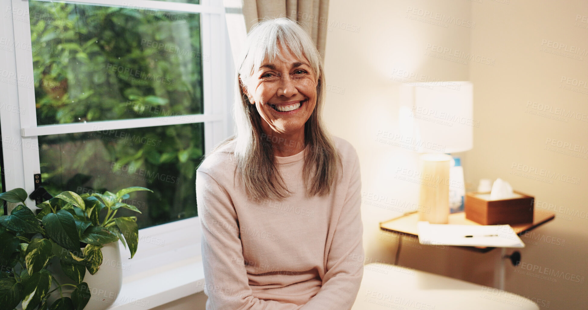 Buy stock photo Happy, portrait and senior woman in house, confident and positive attitude on weekend or retirement. Relax, home and mature person with smile on break, chilling and comfortable on peaceful holiday