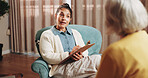 Talking, clipboard and senior person in therapy, counseling session and support for mental health. Healthcare, psychology and therapist with patient for consulting, listening and help for healing