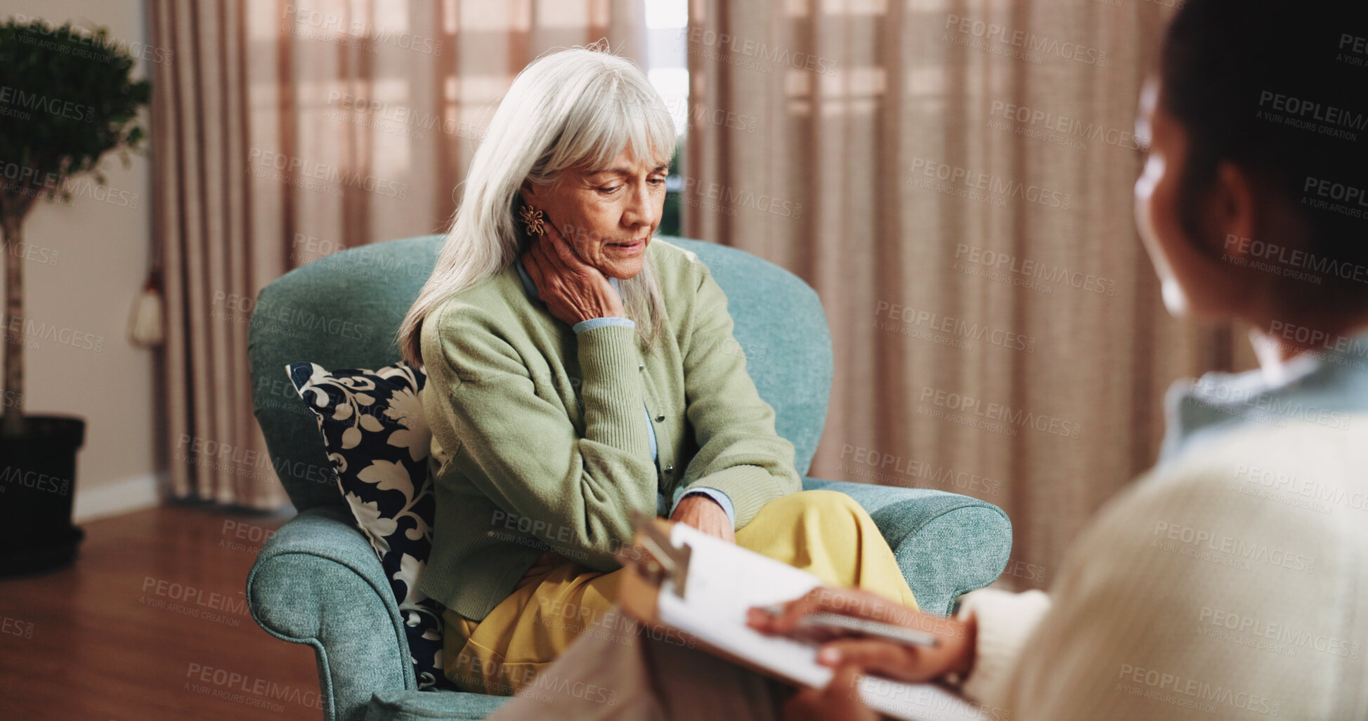 Buy stock photo Therapy, sad and senior woman in office for grief counseling, healing and help for mental health. Retirement, psychologist and elderly person with depression, explain trauma and support in session