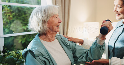 Buy stock photo Dumbbell, rehabilitation and senior woman with therapist in retirement home for healthcare or wellness. Help, recovery and weight with old person in physio for consulting, exercise or improvement