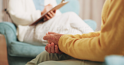 Buy stock photo Psychologist, hands and consultation with patient for mental health, therapy and recovery assessment. Clipboard, people and help at counseling session, psychology evaluation and rehabilitation