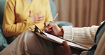Psychologist, hands and writing notes for mental health in consultation, therapy or assessment. Clipboard, people and help patient at counseling session, psychology evaluation or progress report