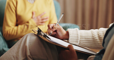 Buy stock photo Psychologist, hands and writing notes for mental health in consultation, therapy or assessment. Clipboard, people and help patient at counseling session, psychology evaluation or progress report