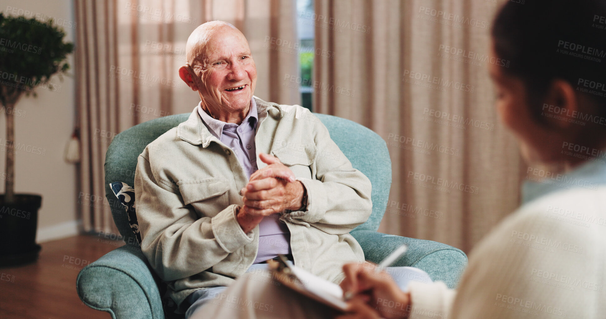 Buy stock photo Old man, smile and consultation with psychologist, therapy assessment or rehabilitation results. Senior patient, happy or help with counseling for mental healing, solution or recovery notes at office