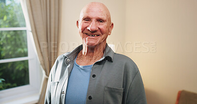 Buy stock photo Portrait, laugh and senior man in home, pride and rest with positive attitude on break or retirement. Happy, pensioner and elderly person with smile on weekend, chilling and comfortable in house