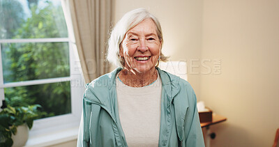Buy stock photo Laughing, portrait and senior woman in house, confident and positive attitude on break or retirement. Relax, home and elderly person with smile on weekend, happy and comfortable on peaceful holiday