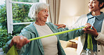 Fitness, resistance band and senior woman with therapist in retirement home for health or wellness. Help, medical and rehabilitation with old person in physio for consulting, exercise or improvement