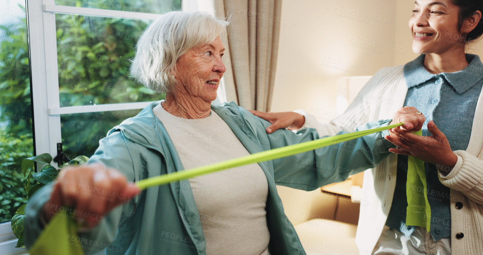 Buy stock photo Fitness, resistance band and senior woman with therapist in retirement home for health or wellness. Help, medical and rehabilitation with old person in physio for consulting, exercise or improvement