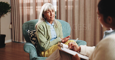 Buy stock photo Therapy, talking and senior woman in office for grief counseling, healing and help for mental health. Retirement, psychologist and elderly person in session for support, notes and explain trauma