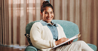 Buy stock photo Happy, portrait and woman with clipboard for therapy, counseling and mental health service. Office, healthcare and therapist with smile, pride and documents for consulting, session and psychology
