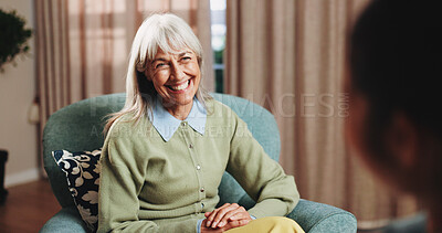 Buy stock photo Old woman, smile and consultation with psychologist, therapy assessment or rehabilitation results. Senior patient, happy or help with counseling for mental healing, solution or recovery at office