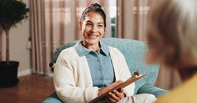 Buy stock photo Happy, psychology and senior person in therapy, counseling session and support for healing. Healthcare, talking and therapist with patient for consulting, listening and clipboard for mental health
