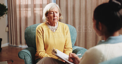 Buy stock photo Mental health, talking and elderly woman in office for grief counseling, healing and help in therapy. Retirement, psychologist and senior person in session for support, notes and explain trauma
