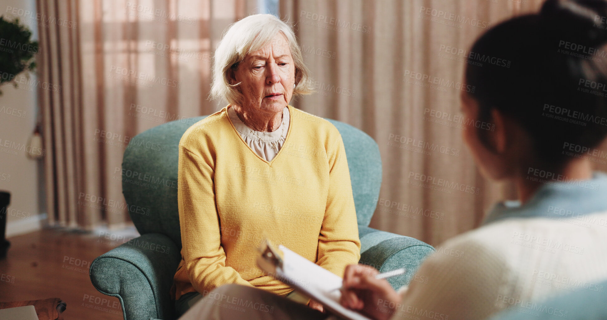 Buy stock photo Mental health, talking and elderly woman in office for grief counseling, healing and help in therapy. Retirement, psychologist and senior person in session for support, notes and explain trauma