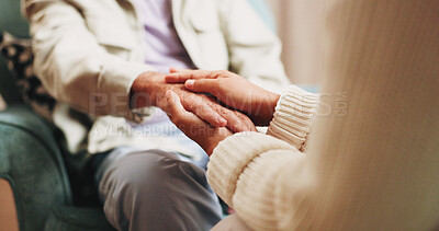Buy stock photo Therapy, people and holding hands for support, care or empathy for mental health in counseling session. Help, comfort and trust with kindness for psychology, compassion or consoling patient in office