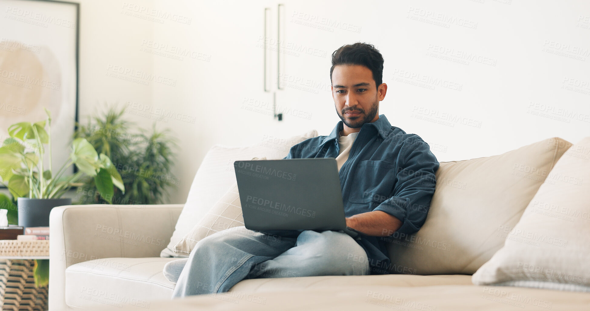 Buy stock photo Remote work, reading or man in home with laptop, pitch review or email feedback in digital marketing. WFH, research or brand advisor with tech, report update or proposal draft on creative ad campaign
